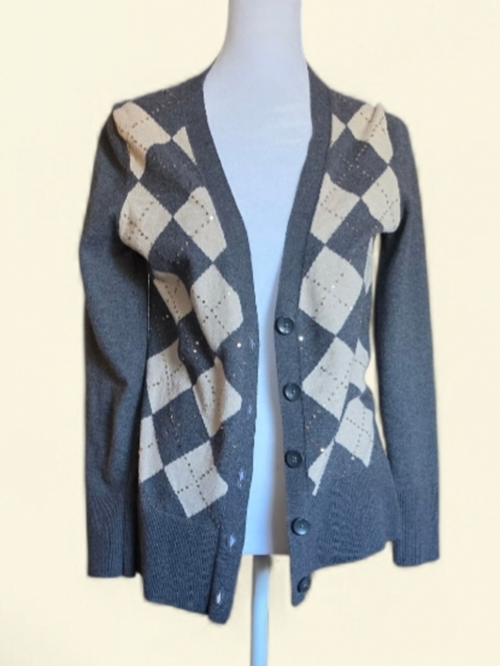 Banana Republic Gray and Cream Argyle Button-Front Cardigan